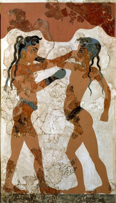 Minoische Kunst: Kampf zwischen zwei Boxern Fresko aus Akrotiri auf Santorini. 16. Jahrhundert v. Chr. Athen, Nationales Archäologisches Museum von Minoan