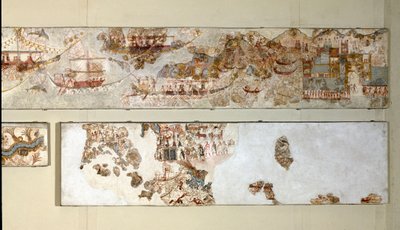 Minoische Kunst: „Seefahrt“ Fresko aus Akrotiri, Santorini. 16. Jahrhundert v. Chr. Nationales Archäologisches Museum, Athen von Minoan