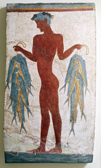 Griechische Zivilisation, Fresko, das einen Fischer darstellt, aus Akrotiri, Thera, Santorini, Griechenland von Minoan