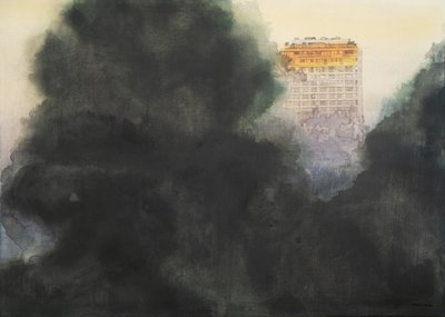 Goldenes Gebäude im Nebel von Mirjam Schrei