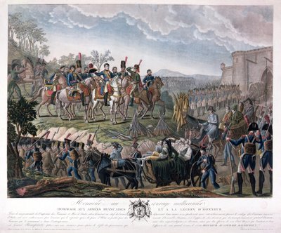 Napoleon zollt dem Mut der Besiegten während der Kapitulation von Ulm, 20. Oktober 1805, Tribut (Farbstich) von Mixille or Mixelle Jean Marie