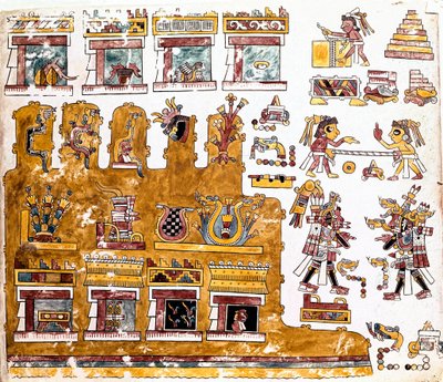 Mixtekische Zivilisation: Mixtekischer Kodex mit Illustrationen von Aktivitäten vor einem Tempel - Präkolumbianische Kunst, Mixtekische Zivilisation: Szenen des täglichen Lebens vor einem Tempel - Detail einer Kopie des Codex Vindobonensis oder Wiener Kode von Mixtec Mixtec