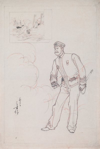Vorbereitende Zeichnung für einen Holzschnitt, der einen japanischen Marineoffizier während des Chinesisch-Japanischen Krieges darstellt von Mizuno Toshikata
