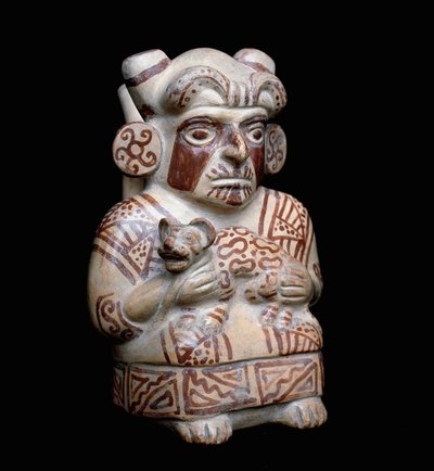 Präkolumbische Kunst, Mochica-Zivilisation: Ein Mochica-Häuptling mit einem Raubtier in den Armen. Anthropomorphe Tonvase. 200 v. Chr.-700 n. Chr. von Moche Moche