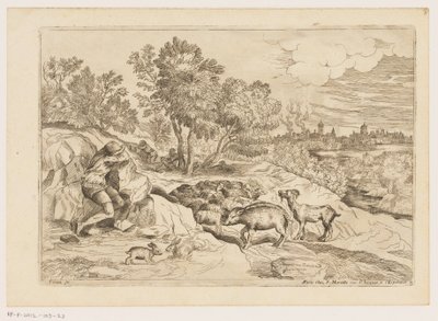 Landschaft mit drei ruhenden Hirten bei einer Herde von Moise Jean Baptiste Fouard