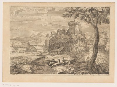 Landschaft mit ruhendem Hirten, im Hintergrund ein Fluss mit Brücke und Wassermühle von Moise Jean Baptiste Fouard