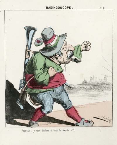 Flugblatt, Nummer 5, satirisch in Farben, ca. 1870: Badingoskop - Kommune von Paris/Krieg/Belagerung, Jagd, Präsident der Republik - Napoleon III. Illustration von Moloch (1849-1909) von Moloch