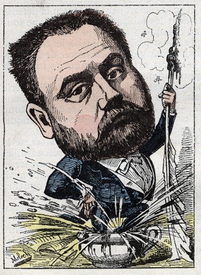Porträt von Emile Zola (1840-1902), französischer Schriftsteller in Le Trombinoscope von Touchatout, Karikatur von B. Moloch von 1882. Private Sammlung von Moloch