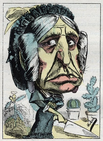Allegorie der „Stiefmutter“ (Belle mère) in „Le Trombinoscope“ von Touchatout, Karikatur von B. Moloch von 1882 (1849-1909). Private Sammlung von Moloch