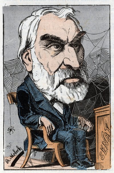 Eugene Pelletan (1813-1884), französischer Literaturjournalist und Politiker in „Le Trombinoscope“ von Touchatout, Karikatur von B. Moloch von 1882 (1849-1909). Private Sammlung von Moloch