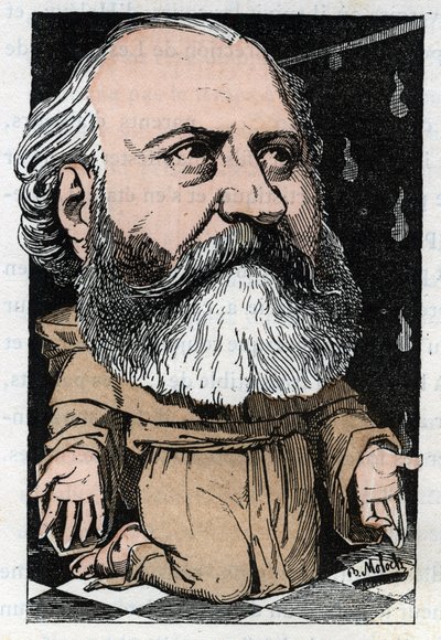 Porträt von Charles Gounod (1818-1893), französischer Komponist in „Le Trombinoscope“ von Touchatout, Karikatur von B. Moloch von 1882 (1849-1909). Private Sammlung von Moloch