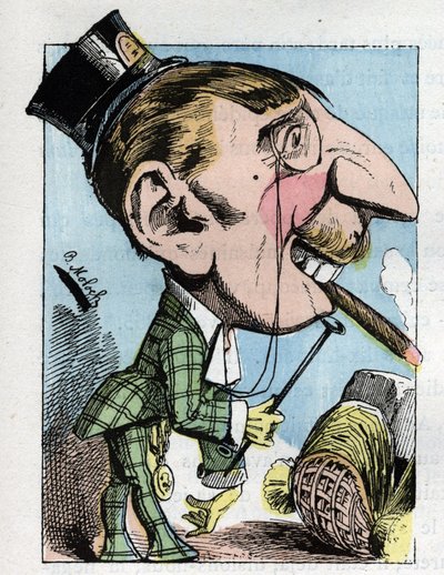 Porträt eines „gummierten“ jungen Mannes mit übertriebener Eleganz und an Lächerlichkeit grenzend (Dandy, elegant, fischig, viskos) in „Le Trombinoscope“ von Touchatout, Karikatur von B. Moloch von 1882 (1849-1909). Private Sammlung. von Moloch