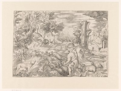 Landschaft mit Hirten und Schafherde von Monogrammist DB (etser 16de eeuw)