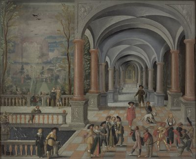 Festliche Versammlung und Figuren aus einer Commedia dell