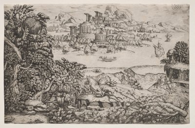 Landschaft mit einem Tempel über einem See, 16. Jahrhundert von Monogrammist HI