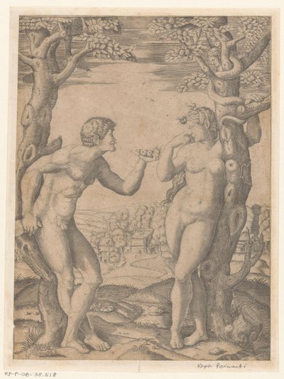 Sündenfall von Adam und Eva am Baum der Erkenntnis von Gut und Böse mit Schlange von Monogrammist NF (graveur)