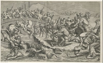 Schlacht an der Milvischen Brücke (linke Teile) von Monogrammist SK (prentmaker)