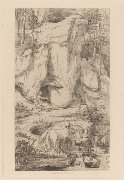 Ein Mönch führt Pferde zum Wasser von Moritz Ludwig von Schwind