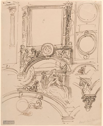 Architektonische Details für eine Wanddekoration mit Kaiserin Maria Theresia, die den jungen Wolfgang Amadeus Mozart umarmt von Moritz Ludwig von Schwind