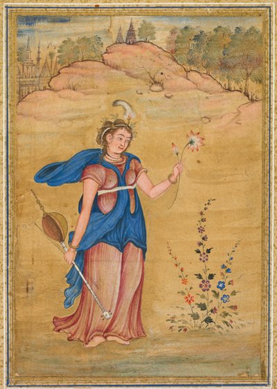 Eine weibliche Figur, die in einer Landschaft steht und ein vierseitiges Khuuchir und eine Lotusblume hält, um 1590 von Mughal School