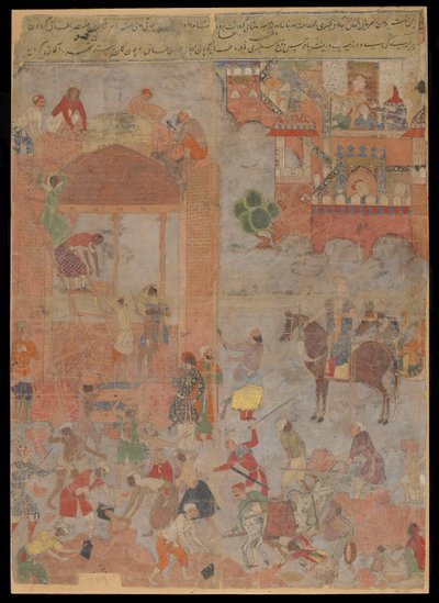 Anushirvan legt den Grundstein von Ktesiphon zu einer günstigen Stunde, Manuskriptfolio, ca. 1560-1565 von Mughal School