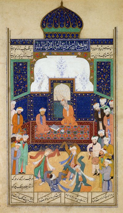 Derwische tanzen zur Musik vor ihrem Scheich und einem Schüler, aus dem Khamsah von Prinz Khusrau, Matla al-Anvar, 1485 (890 Hijra) von Mughal School