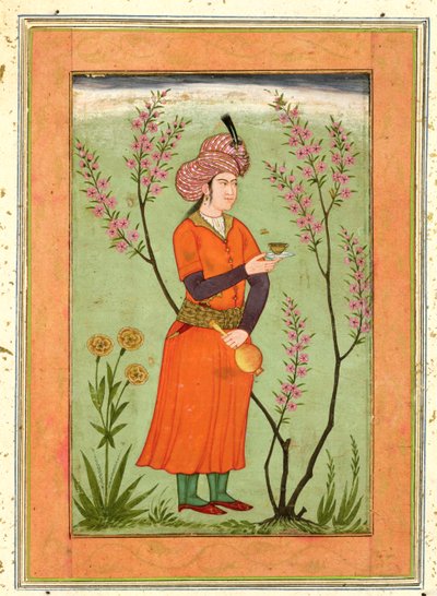 Iranische fürstliche Figur, die einen Becher und eine Flasche hält, ca. 1640, aus dem Large Clive Album von Mughal School