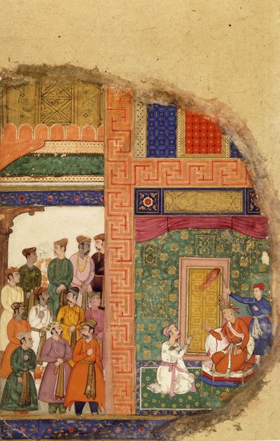 König Dasaratha spricht mit dem Familienpriester über Ramas Regentschaft im Palast, während Höflinge und Minister im Hof warten von Mughal School