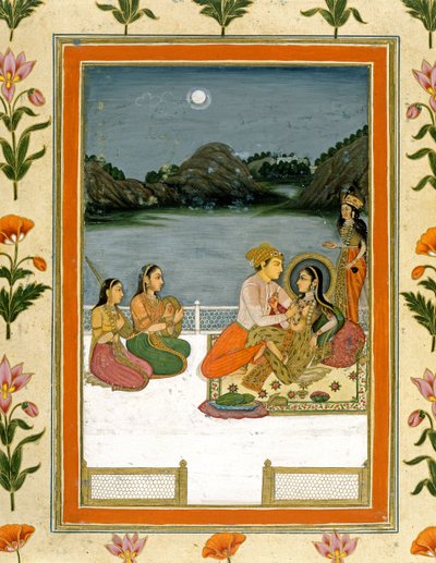 Liebende auf einer Terrasse an einem mondbeschienenen See, aus dem Small Clive Album von Mughal School