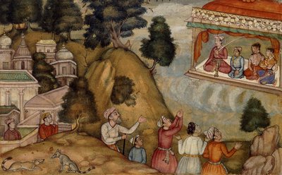 Dorfbewohner huldigen einem Mann und seiner Familie, die auf einer geschmückten Veranda sitzen, ca. 1585 von Mughal School