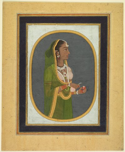 Hofdame schenkt Wein ein, ca. 1760; Ränder ca. 1830er Jahre (deckende Aquarellfarbe, Tinte und Gold auf Papier) von Muhammad Riza i Hindi