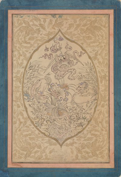 Versammlung mythischer Kreaturen um ein Lotusblatt, datiert Shawwal A.H. 1088 (A.D. 1677) von Mu