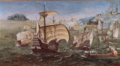 Portugiesische Schiffe an einer felsigen Küste – 16. Jahrhundert – Kopie des Originals aus dem Greenwich Museum von Munday John