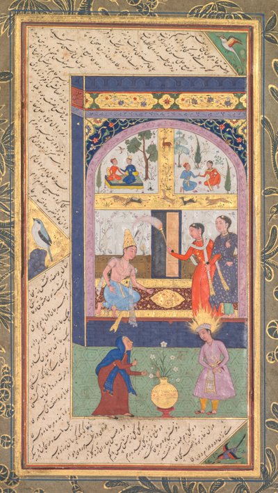 Zulaykha in ihrem Palast und als alte Frau mit Joseph, aus einem Panj Ganj Fünf Schätze..., 1603-1 von Mushfiq