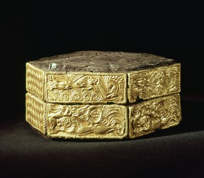 Hexagonale Pyxis mit Tieren verziert, aus Grab V, Grabkreis A, Mykene von Mycenaean