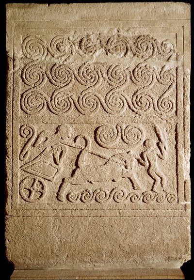 Mykenische Kunst: Grabstele aus Kalkstein mit Darstellung einer Schlacht aus Mykene. 16. Jahrhundert v. Chr. von Mycenaean