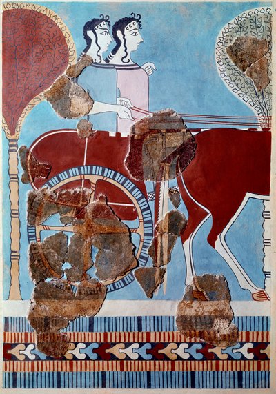 Mykenische Kunst: Paar auf einem Wagen. Fragment eines Freskos aus dem Palast von Tiryns und Rekonstruktion von Mycenaean