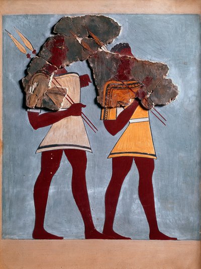 Mykenische Kunst: Krieger. Fragment eines Freskos aus dem Palast von Tiryns und Rekonstruktion von Mycenaean