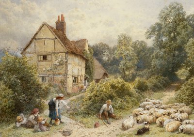 Fowl House Farm, Witley, mit Kindern, einem Schäfer und einer Schafherde in der Nähe von Myles Birket Foster