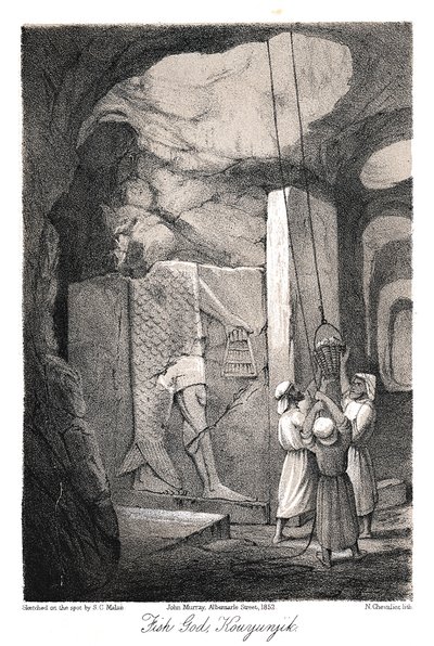Ausgrabung eines Flachreliefs des Fischgottes Dagon, Ninive, 1853 von N. Chevalier