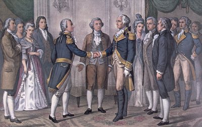 Das erste Treffen von General George Washington (1732-99) und dem Marquis de La Fayette (1757-1834) Philadelphia, 3. August 1777, veröffentlicht 1876 von N. and Ives J.M. (after) Currier