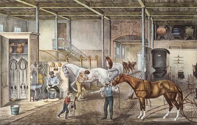 Modellstall, in dem Jungen und Stallburschen wirklich Pferde pflegen, Gravur aus dem Buch "Amerika" von Currier und Yves 1870 von N. and Ives J.M. (1824 95) Currier