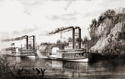 Dampfschiffe rennen auf dem Mississippi, USA von N. and Ives J.M. Currier