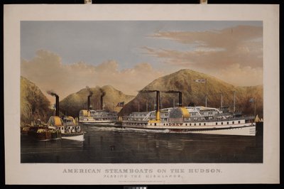 Amerikanische Dampfschiffe auf dem Hudson. Vorbeifahrt an den Highlands. Drew, St John und Excelsior von N. and Ives J.M. (1824 95) Currier