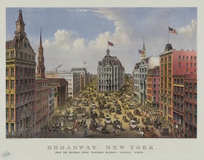 Broadway, New York vom Western Union Telegraph Building nach Norden blickend von Currier and Ives