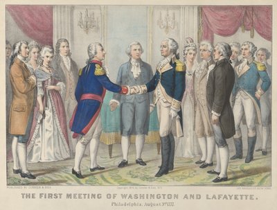 Das erste Treffen von Washington und Lafayette in Philadelphia, 3. August 1777 von Currier and Ives