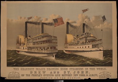 Der prächtigste Palast-Zeichensaal-Dampfer der Welt, Drew und St. John der Peoples Evening Line zwischen New York & Albany... von N. and Ives J.M. (1824 95) Currier