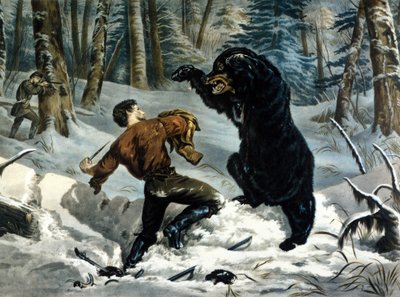 Das Leben der Fallensteller (Berufsjäger) in Kanada: Ein Jäger wird von einem Grizzlybären angegriffen. Illustration von Yves und Currier. von Currier and Ives