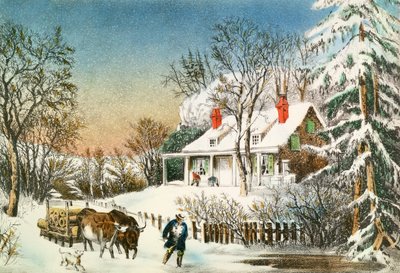 Heimbringen der Baumstämme, Winterlandschaft, 19. Jahrhundert von N. and Ives, J.M. Currier