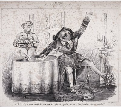 Ah!!! Es liegt ein Fluch auf dem Leben des Dichters und ein Fluch auf seinem Grab!!!. Eine der ersten Zeichnungen von Felix Tournachon erschien in „La Vogue, industrielle, künstlerische und literarische Zeitschrift“ von Nadar